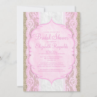 Pink White Linen Burlap Lace Bridal Shower Invites