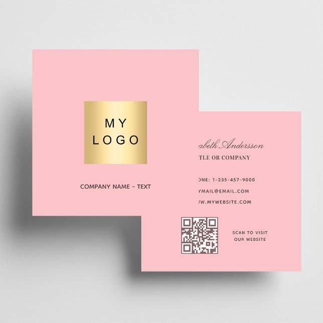 Pink white logo QR code Square Business Card (Creator Uploaded)