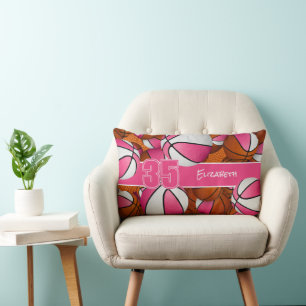 pink white lots of basketballs girls sports room lumbar cushion