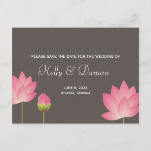 Pink white lotus flowers modern grey save the date announcement postcard
