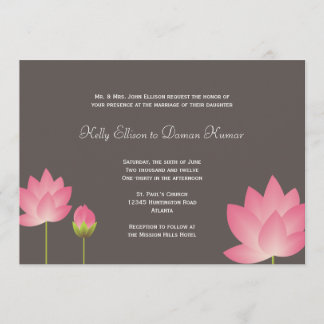 Pink white lotus flowers modern slate grey wedding invitation