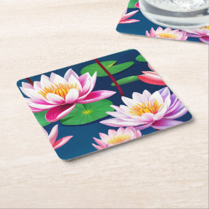 Pink White Lotus Water Lily Flowers & Green Leaves Square Paper Coaster