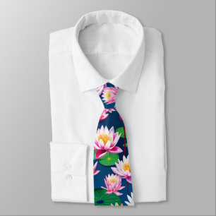 Pink White Lotus Water Lily Flowers & Green Leaves Tie
