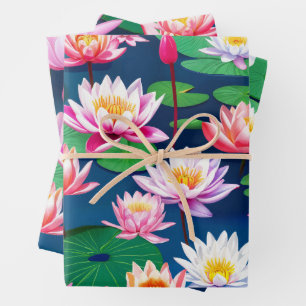 Pink White Lotus Water Lily Flowers & Green Leaves Wrapping Paper Sheet