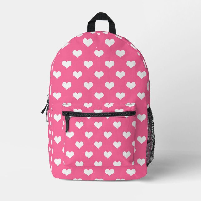 Pink White Love Heart Pattern Design  Printed Backpack (Front)