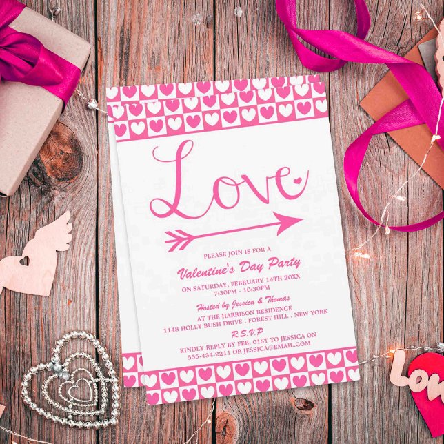 Pink & White Love Hearts Valentine's Day Party Invitation (Creator Uploaded)