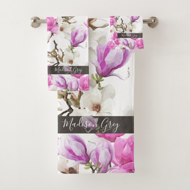 Pink & White Magnolia Blossom Watercolor Pattern Bath Towel Set (Insitu)