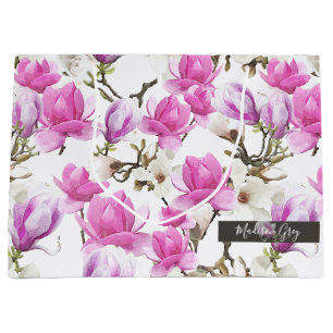 Pink & White Magnolia Blossom Watercolor Pattern Large Gift Bag
