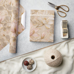 Pink & White Magnolia Floral Gold Elegant Wrapping Paper