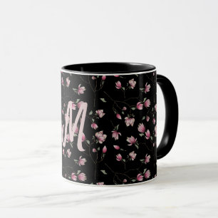 Pink&White Magnolias on Black Personalised Initial Mug