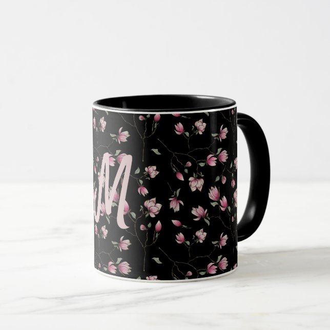 Pink&White Magnolias on Black Personalised Initial Mug (Front Right)