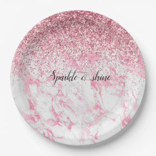 Pink White Marble Glitter              Paper Plate