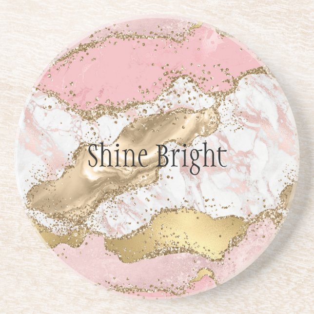 Pink White Marble Gold Glitter Coaster (Front)
