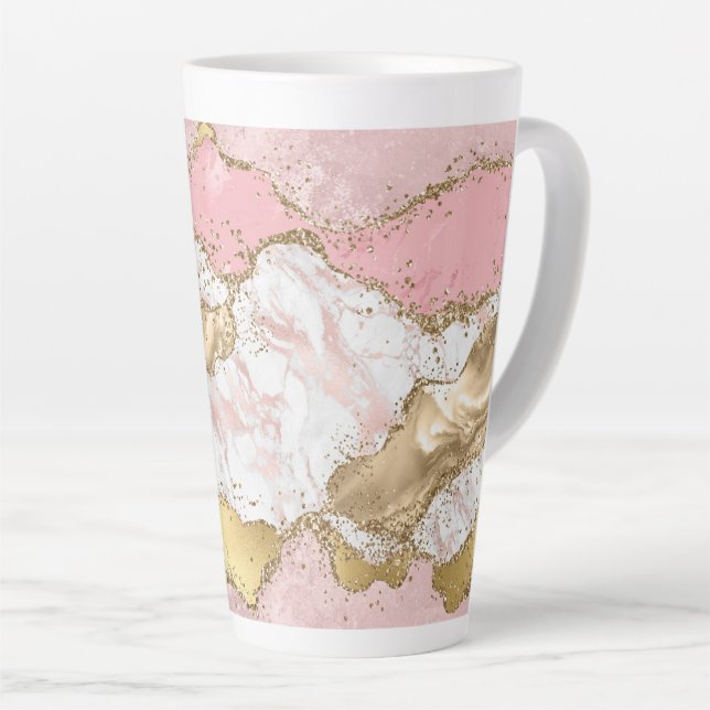 Pink White Marble Gold Glitter Latte Mug (Right Angle)