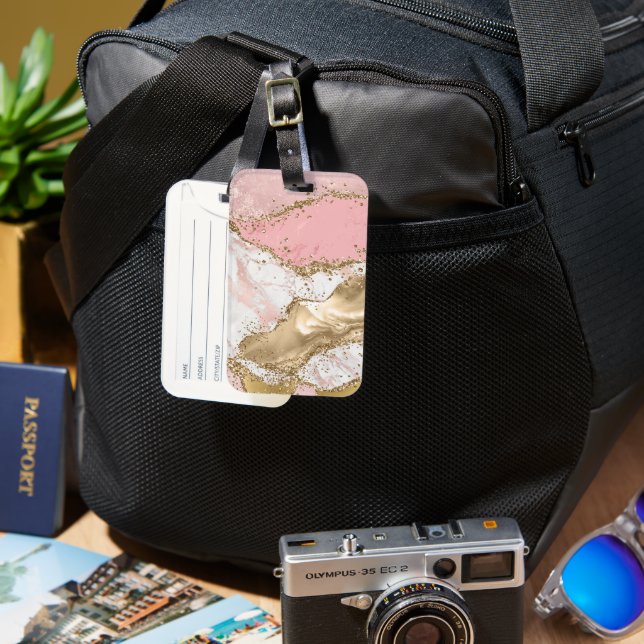 Pink White Marble Gold Glitter Luggage Tag (Front & Back)