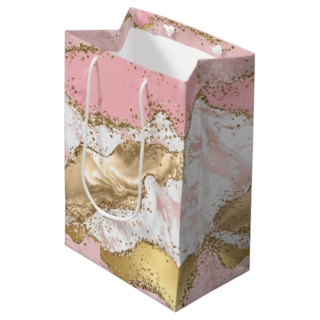 Pink White Marble Gold Glitter Medium Gift Bag (Front Angled)