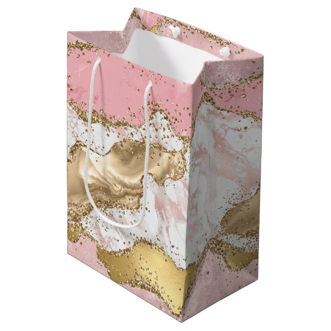 Pink White Marble Gold Glitter Medium Gift Bag (Front Angled)