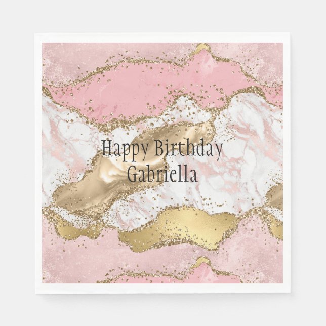 Pink White Marble Gold Glitter Napkin (Front)