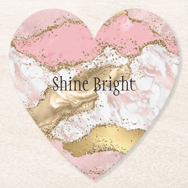 Pink White Marble Gold Glitter Paper Coaster (Front)