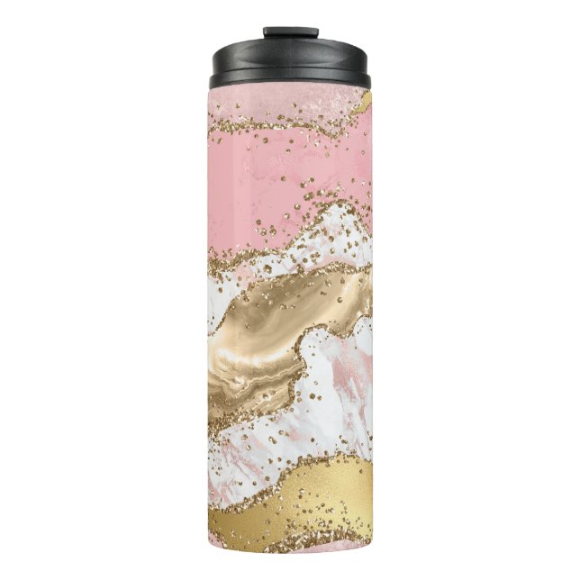 Pink White Marble Gold Glitter Thermal Tumbler (Front)