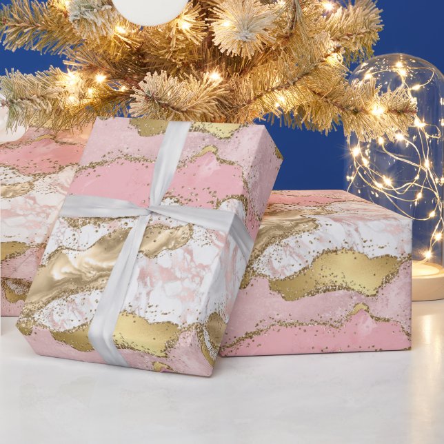 Pink White Marble Gold Glitter Wrapping Paper (Holidays)