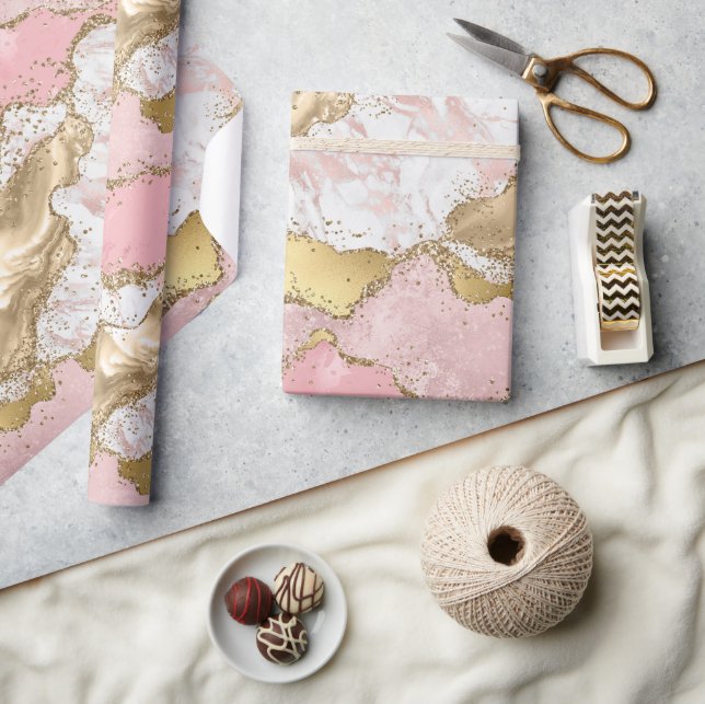 Pink White Marble Gold Glitter Wrapping Paper (Crafts)