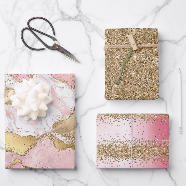 Pink White Marble Gold Glitter Wrapping Paper Sheet (Front)