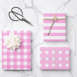 Pink White Matching Patterns Gingham Dots Stripe Wrapping Paper Sheet