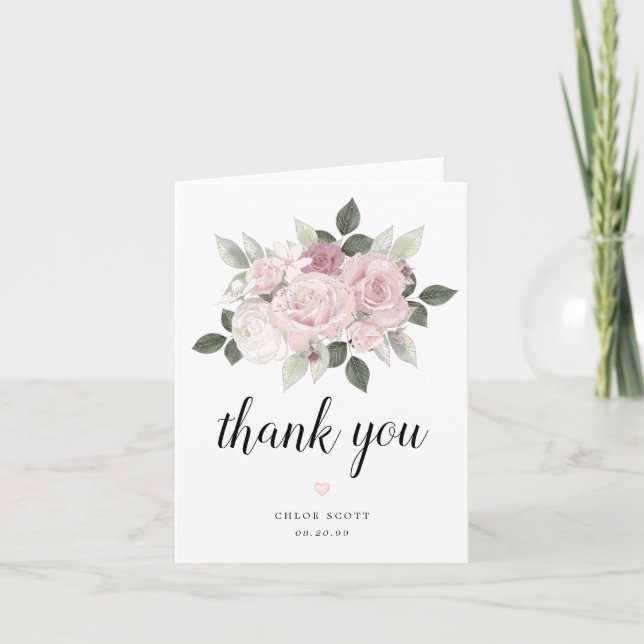 Pink White Mauve Roses Floral Bridal Shower Thank You Card (Front)