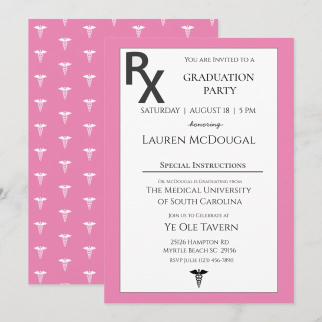 Pink White Medical Prescription Pad Graduation   Invitation (Front/Back)