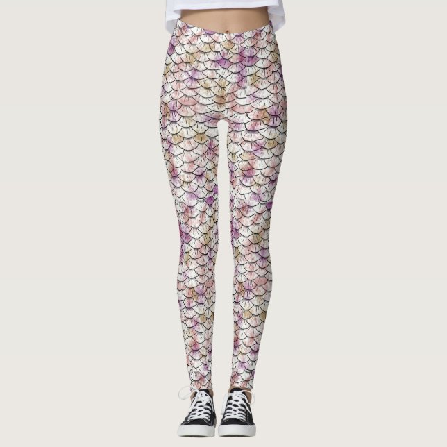 Pink white Mermaid Scale Print Leggings (Front)