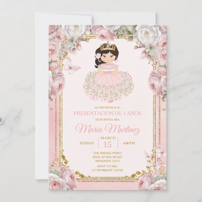 Pink White Mexican Niña Presentación De Tres Años  Invitation (Front)