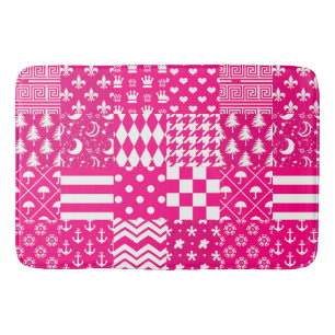 Pink White Mixed Patterns Patchwork Design Bath Mat