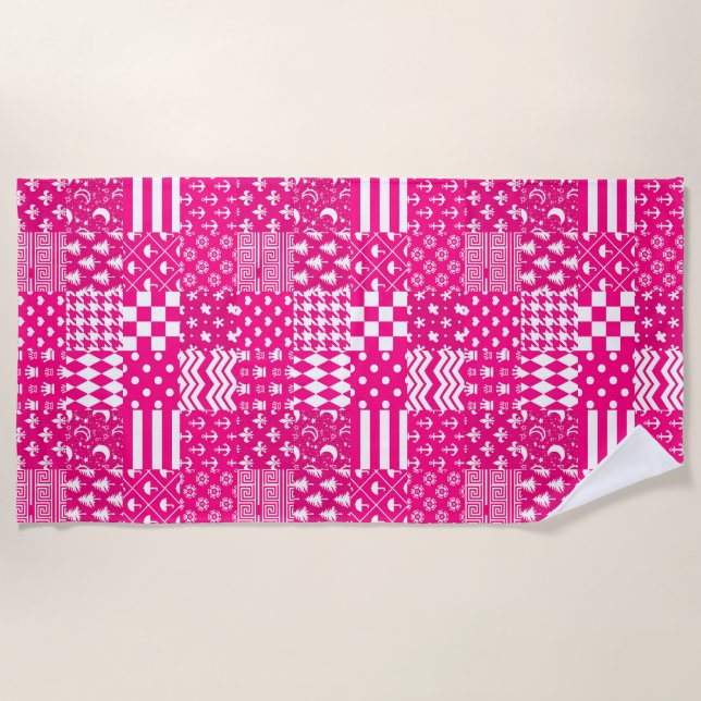 Pink White Mixed Patterns Patchwork Design  Beach Towel (Front)