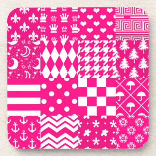 Pink White Mixed Patterns Patchwork Design Coaster