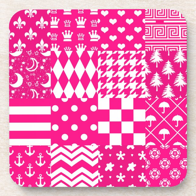 Pink White Mixed Patterns Patchwork Design  Coaster (Front)