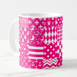 Pink White Mixed Patterns Patchwork Design Coffee Mug
