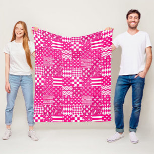 Pink White Mixed Patterns Patchwork Design Fleece Blanket