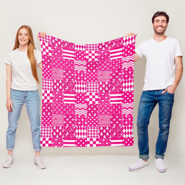 Pink White Mixed Patterns Patchwork Design  Fleece Blanket (Creator Uploaded)