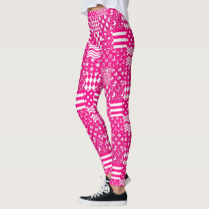 Pink White Mixed Patterns Patchwork Design  Leggings