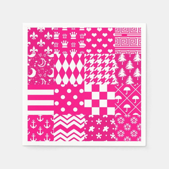 Pink White Mixed Patterns Patchwork Design  Napkin (Front)