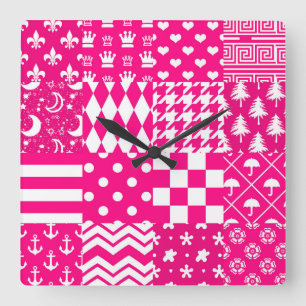 Pink White Mixed Patterns Patchwork Design Square Wall Clock