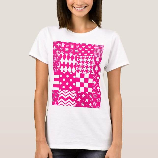 Pink White Mixed Patterns Patchwork Design  T-Shirt (Front)