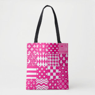 Pink White Mixed Patterns Patchwork Design Tote Bag