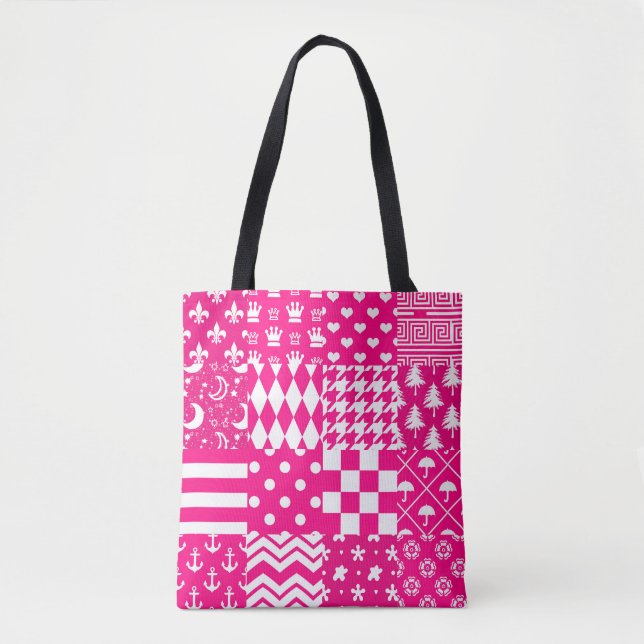 Pink White Mixed Patterns Patchwork Design  Tote Bag (Front)
