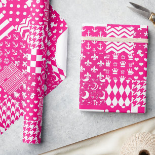 Pink White Mixed Patterns Patchwork Design Wrapping Paper