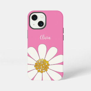 Pink White Modern Daisy Flower Personalise Name iPhone 13 Mini Case