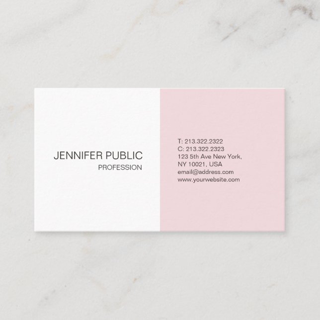 Pink White Modern Sleek Stylish Plain Trendy Business Card (Front)