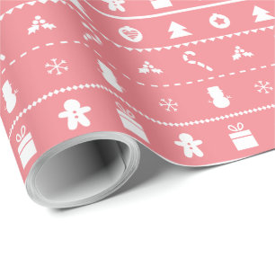 Pink White Modern Stylish Christmas Icons Wrapping Wrapping Paper