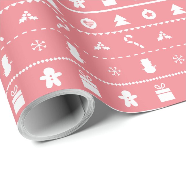 Pink White Modern Stylish Christmas Icons Wrapping Wrapping Paper (Roll Corner)